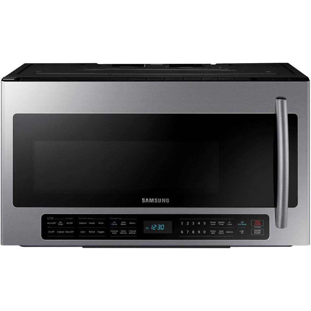 Samsung 30 In 2 1 Cu Ft Over The Range Microwave In Stainless Steel With Sensor Cooking And Ceramic Enamel Interior