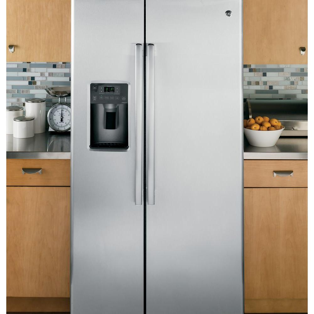 GE 25.3 cu. ft. Side by Side Refrigerator in Stainless Steel | Hodgins Fridge With Stainless Steel Sides